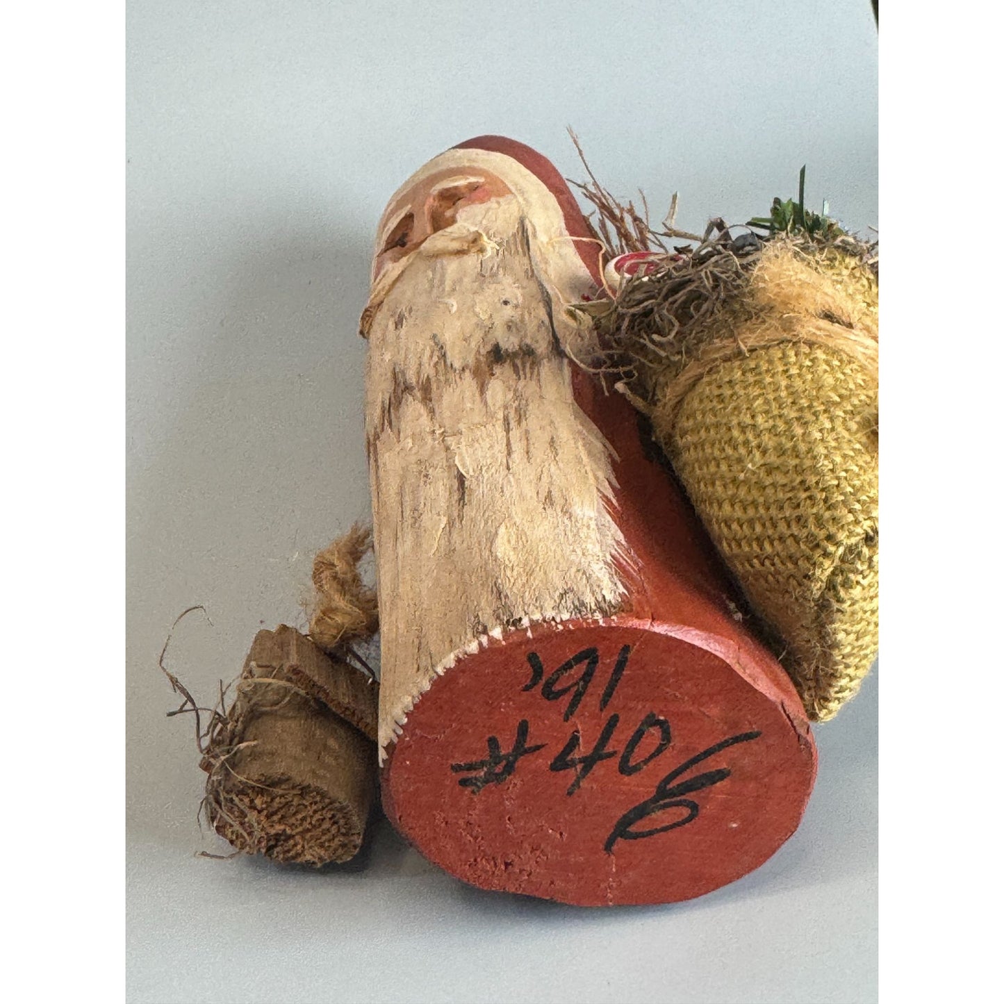 Primitive Folk Art Santa Wood Carved Signed 1991 #40 W Birdhouse Toy Sack 8 1/2"