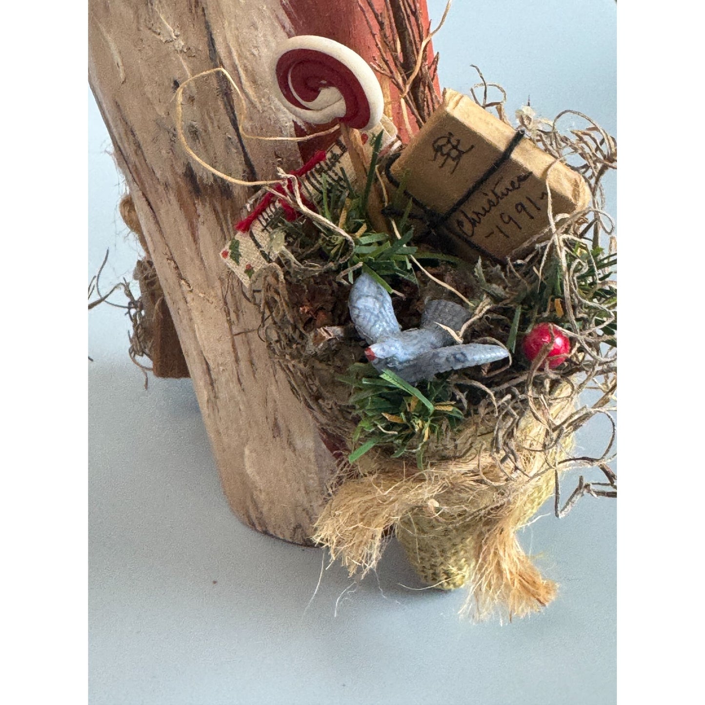 Primitive Folk Art Santa Wood Carved Signed 1991 #40 W Birdhouse Toy Sack 8 1/2"