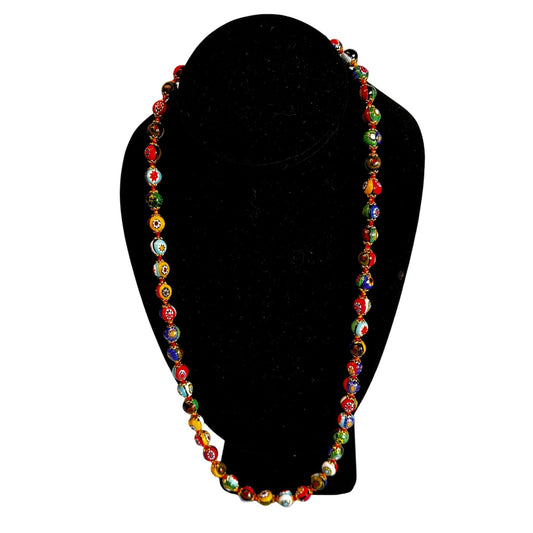 Vintage Murano Millefiori Glass Bead Necklace Multicolor Art Glass 24" Italy