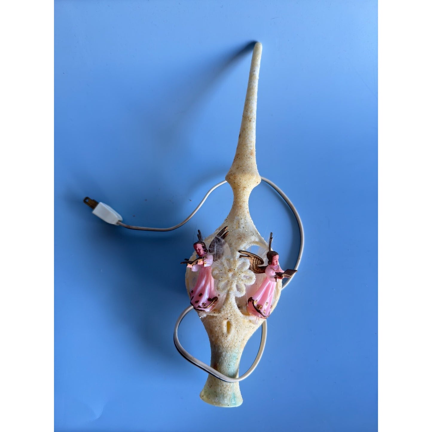 Vintage Celluloid Flocked Angel Christmas Tree Topper Lighted Germany 12"