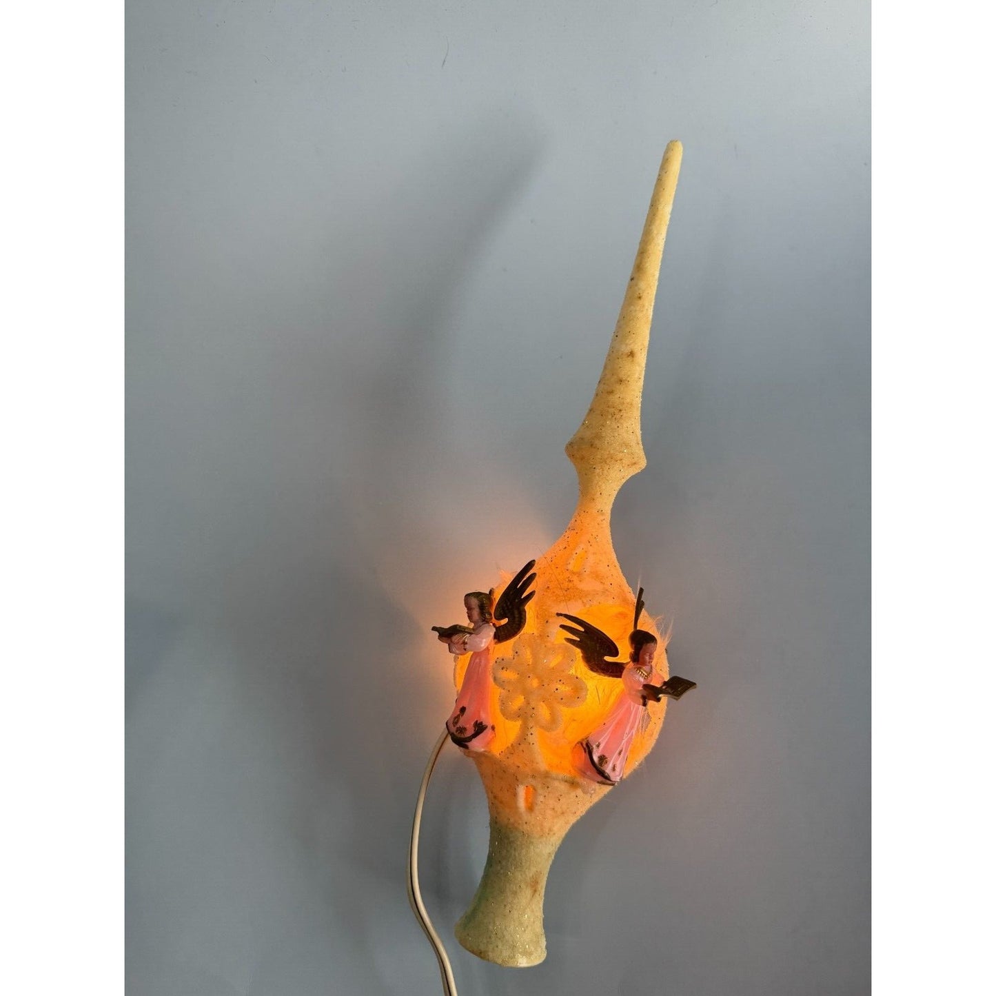 Vintage Celluloid Flocked Angel Christmas Tree Topper Lighted Germany 12"