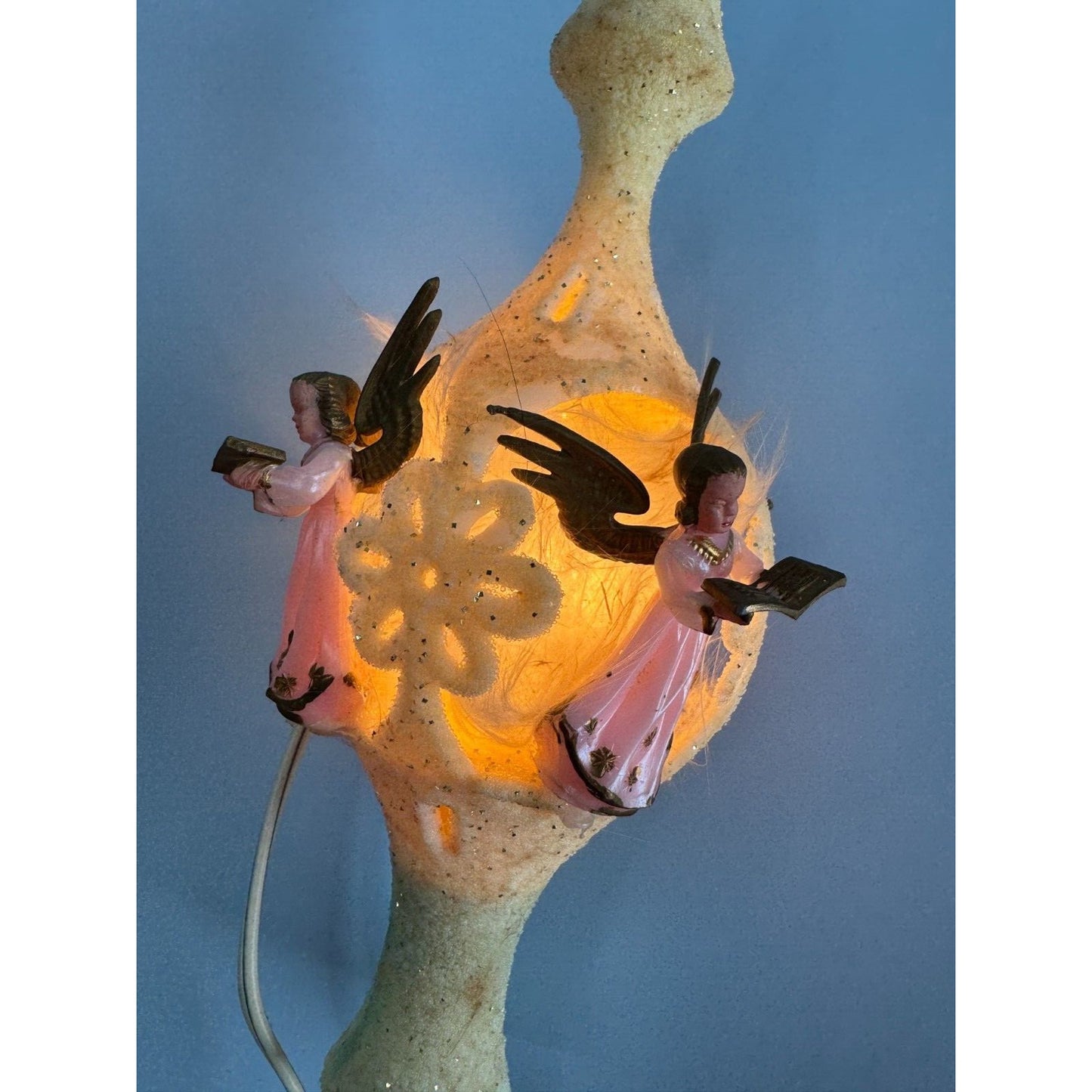 Vintage Celluloid Flocked Angel Christmas Tree Topper Lighted Germany 12"