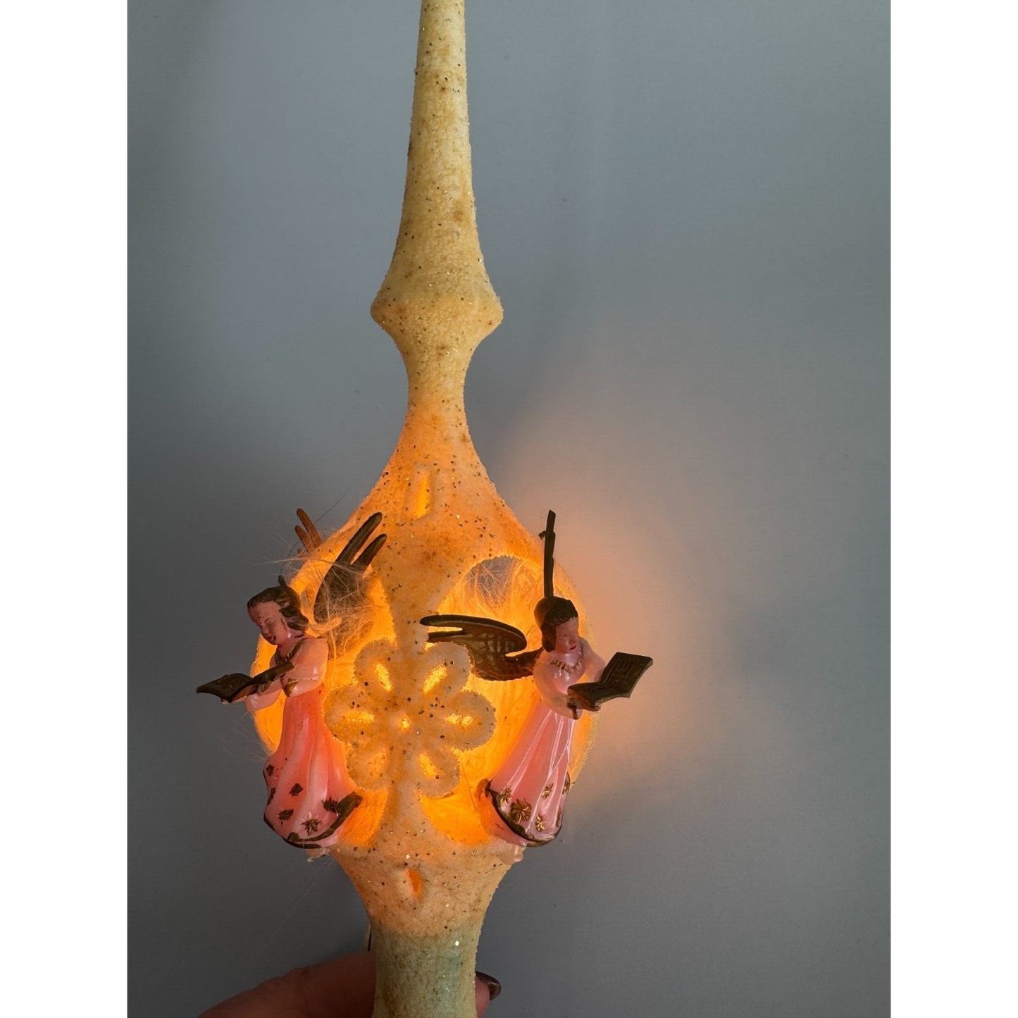 Vintage Celluloid Flocked Angel Christmas Tree Topper Lighted Germany 12"