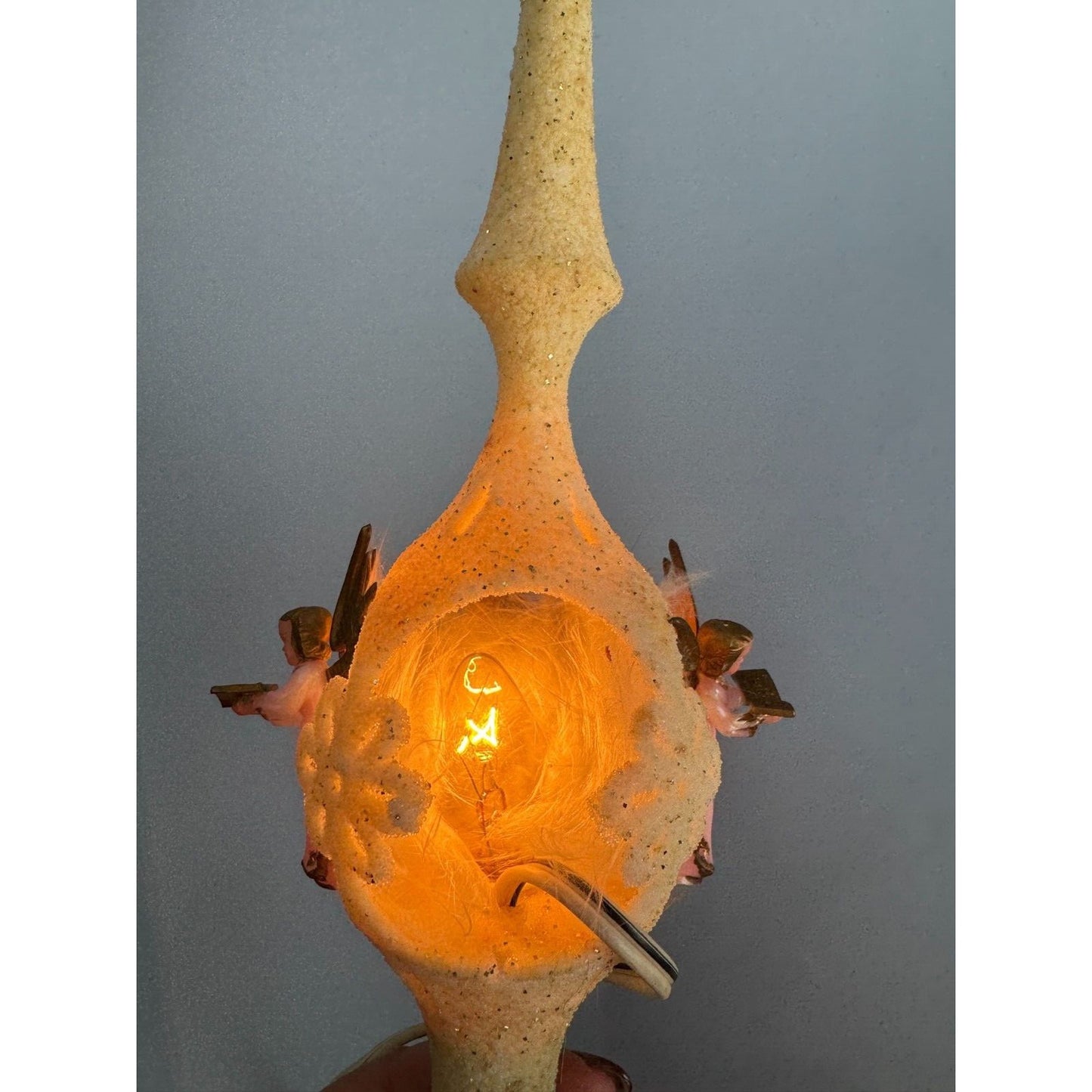 Vintage Celluloid Flocked Angel Christmas Tree Topper Lighted Germany 12"