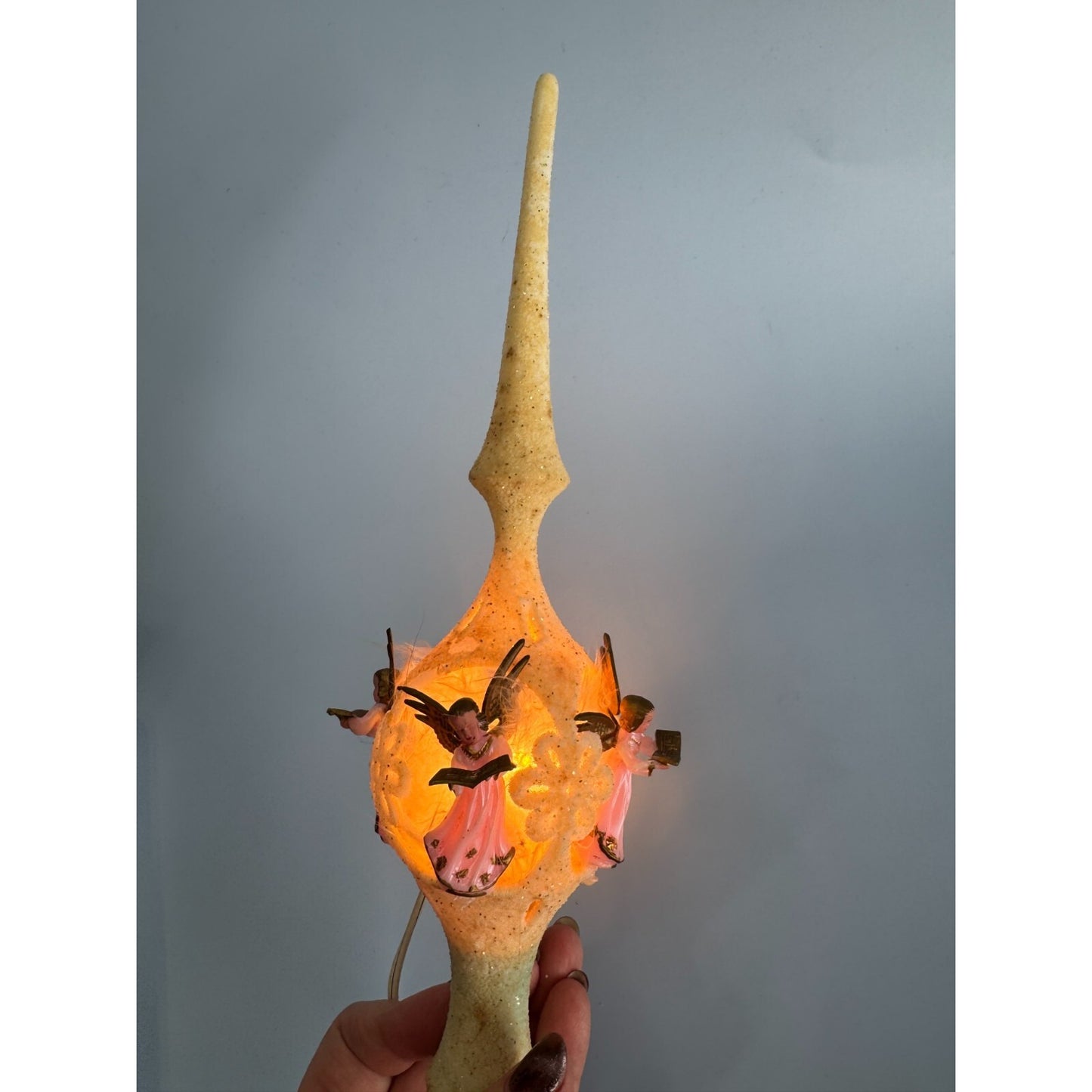 Vintage Celluloid Flocked Angel Christmas Tree Topper Lighted Germany 12"