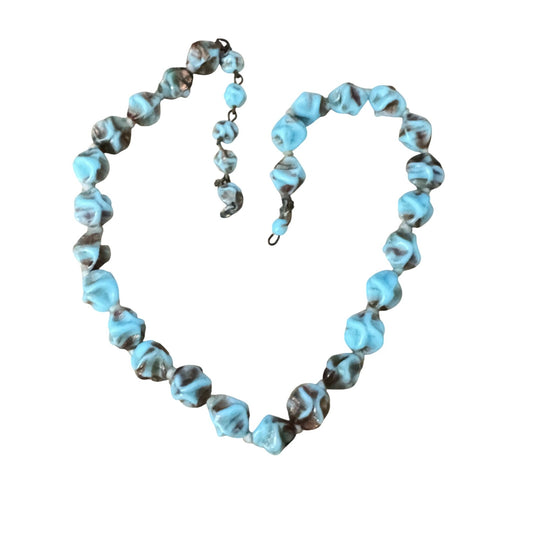 1950 Murano Glass Necklace Aventurine Gold Flecked Turquoise Nugget Beads 14.5"