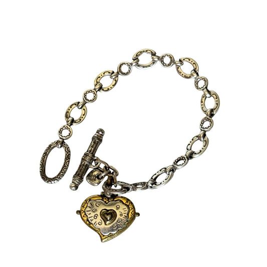 Brighton 7 1/2" 2 Tone Heart Charm Bracelet Engraved "Live Life From The Heart"