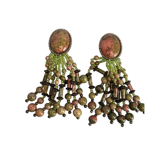 Vintage Unakite Stone Clip-On Earrings Dangling Beaded Tassel Multicolor