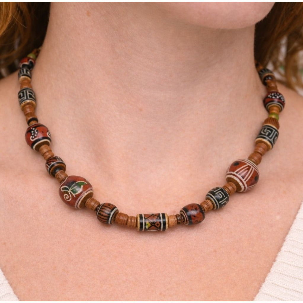 Handmade Boho Tribal Style Beaded Necklace Carved Wood Beads 27"