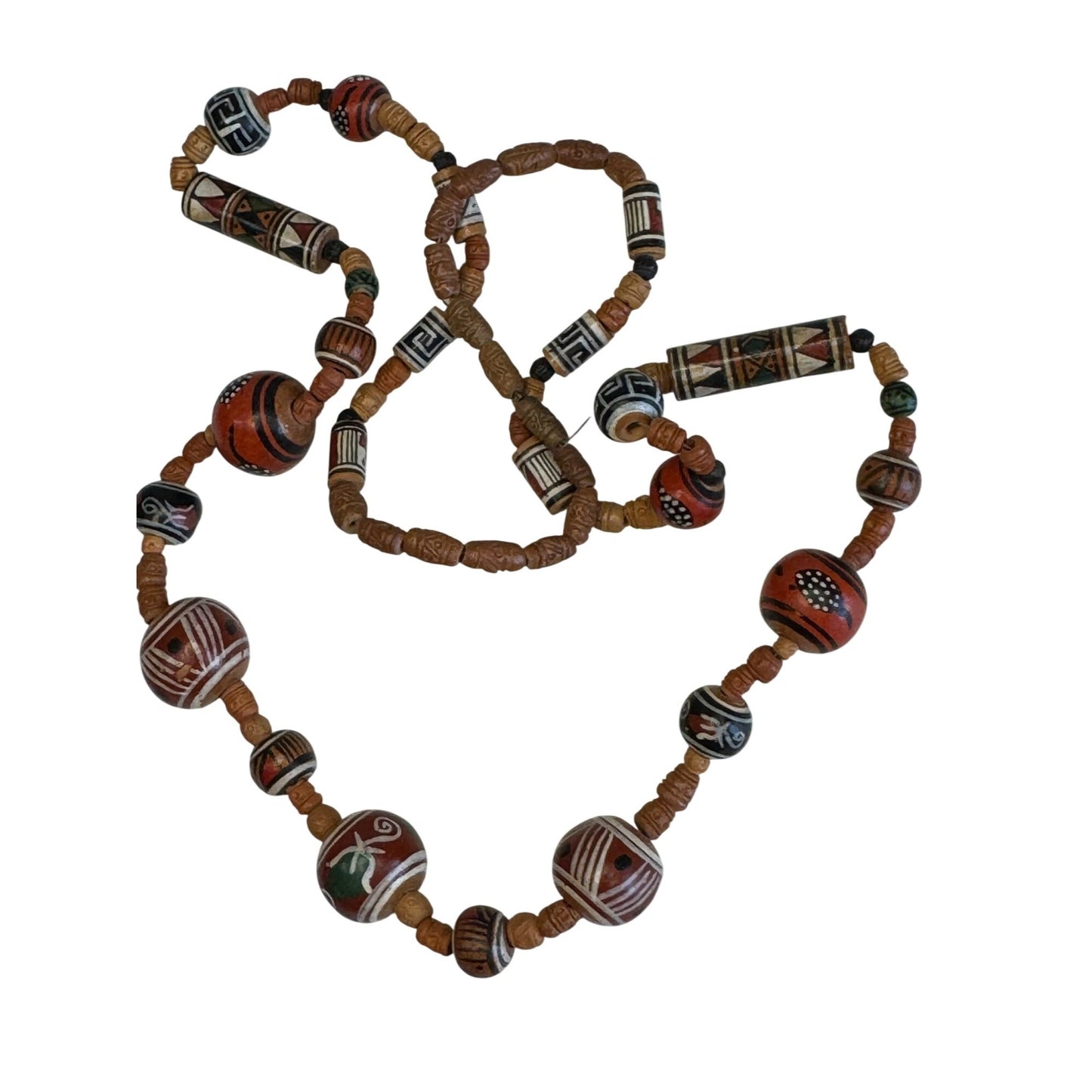 Handmade Boho Tribal Style Beaded Necklace Carved Wood Beads 27"