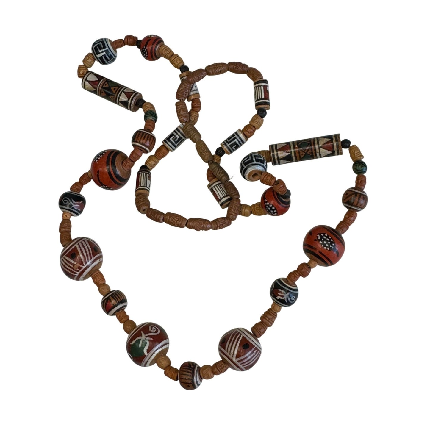 Handmade Boho Tribal Style Beaded Necklace Carved Wood Beads 27"