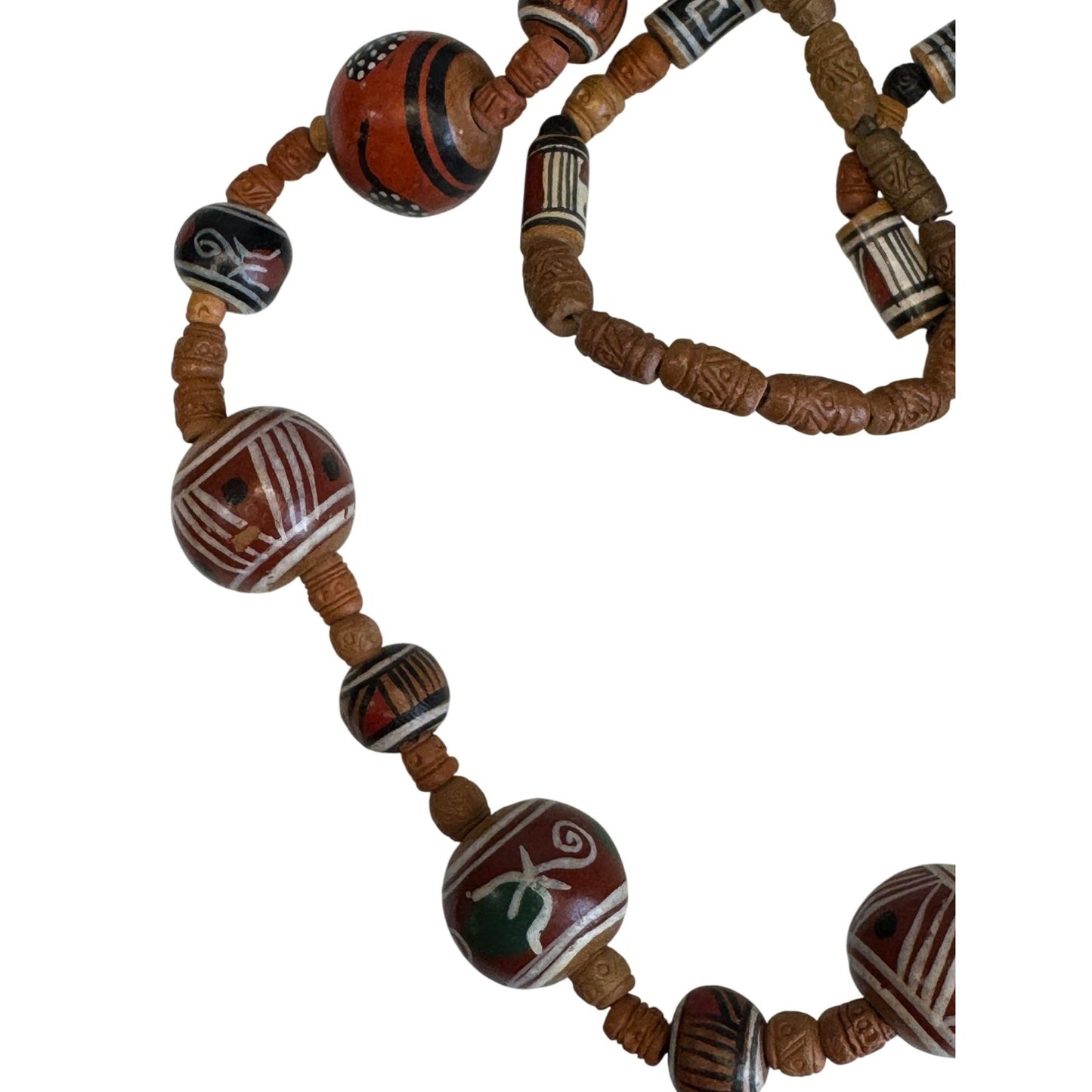 Handmade Boho Tribal Style Beaded Necklace Carved Wood Beads 27"
