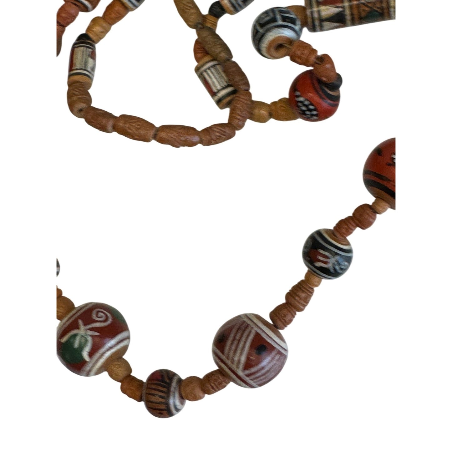 Handmade Boho Tribal Style Beaded Necklace Carved Wood Beads 27"