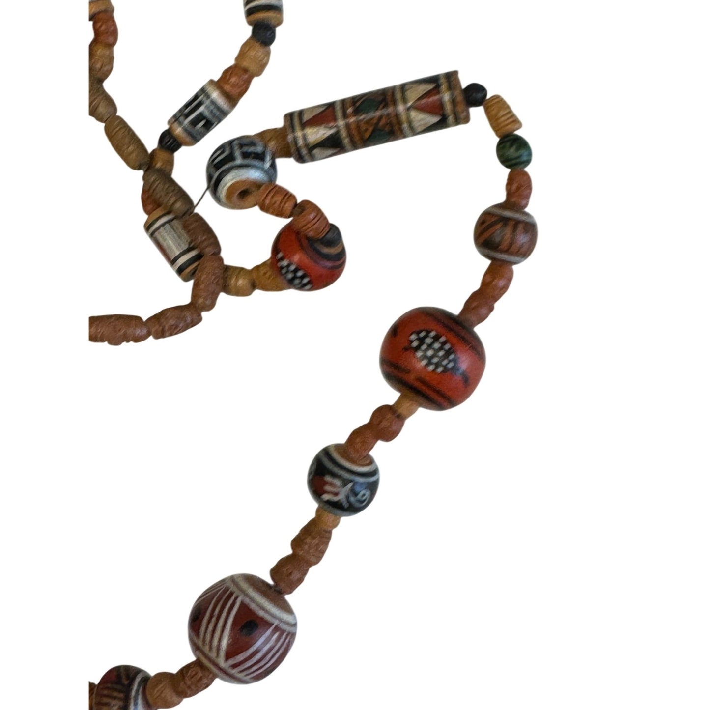 Handmade Boho Tribal Style Beaded Necklace Carved Wood Beads 27"