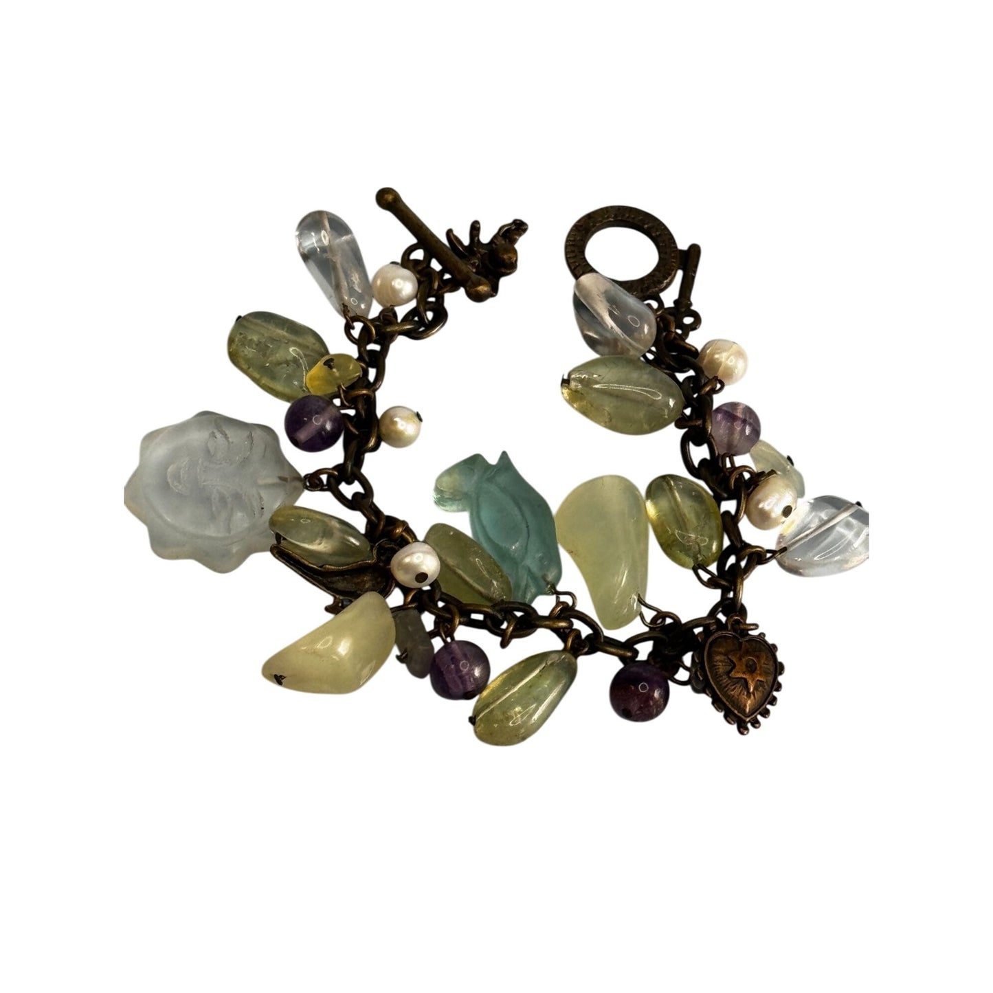 Artisan Charm Bracelet Quartz & Glass Beads Sun Heart Penguin Angel 7"