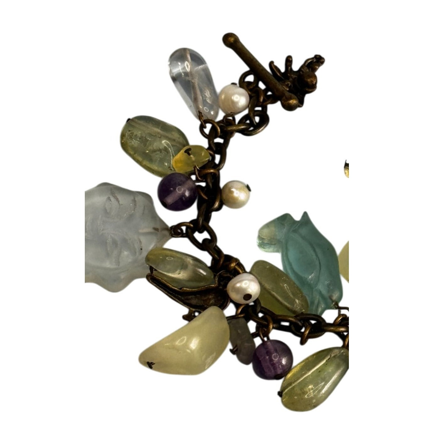 Artisan Charm Bracelet Quartz & Glass Beads Sun Heart Penguin Angel 7"