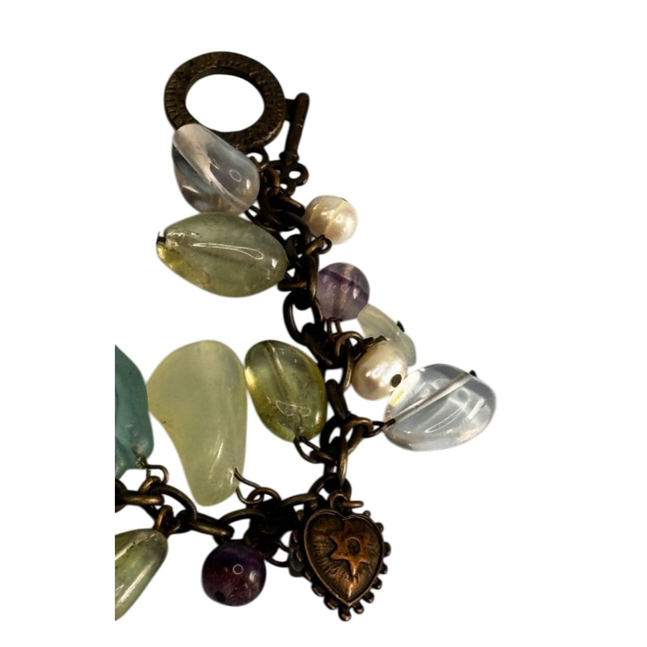 Artisan Charm Bracelet Quartz & Glass Beads Sun Heart Penguin Angel 7"