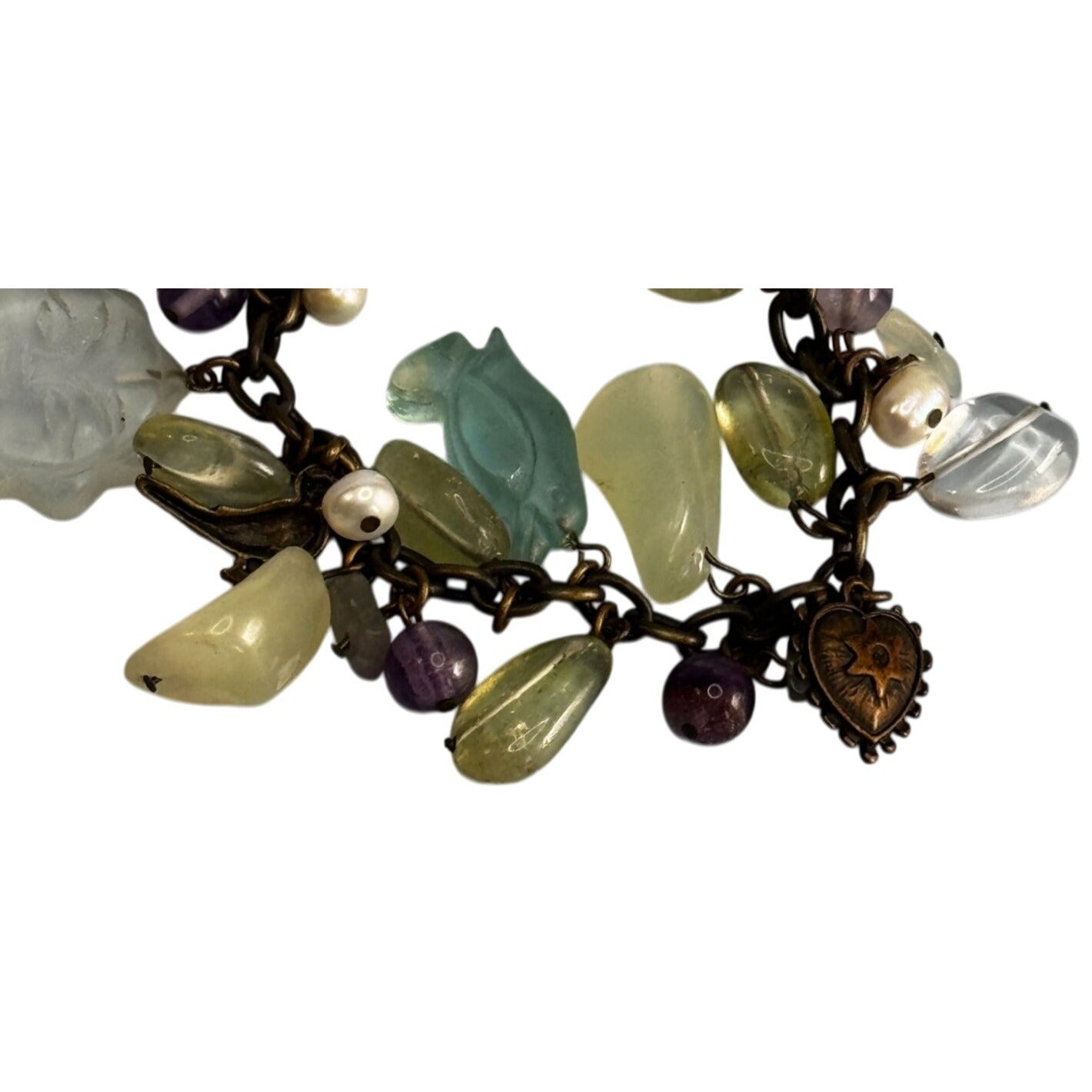 Artisan Charm Bracelet Quartz & Glass Beads Sun Heart Penguin Angel 7"