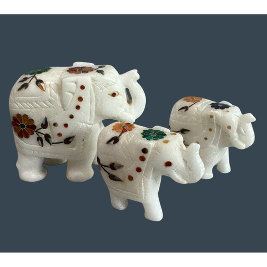Marble Elephant Figurine Set With Floral Inlay Design