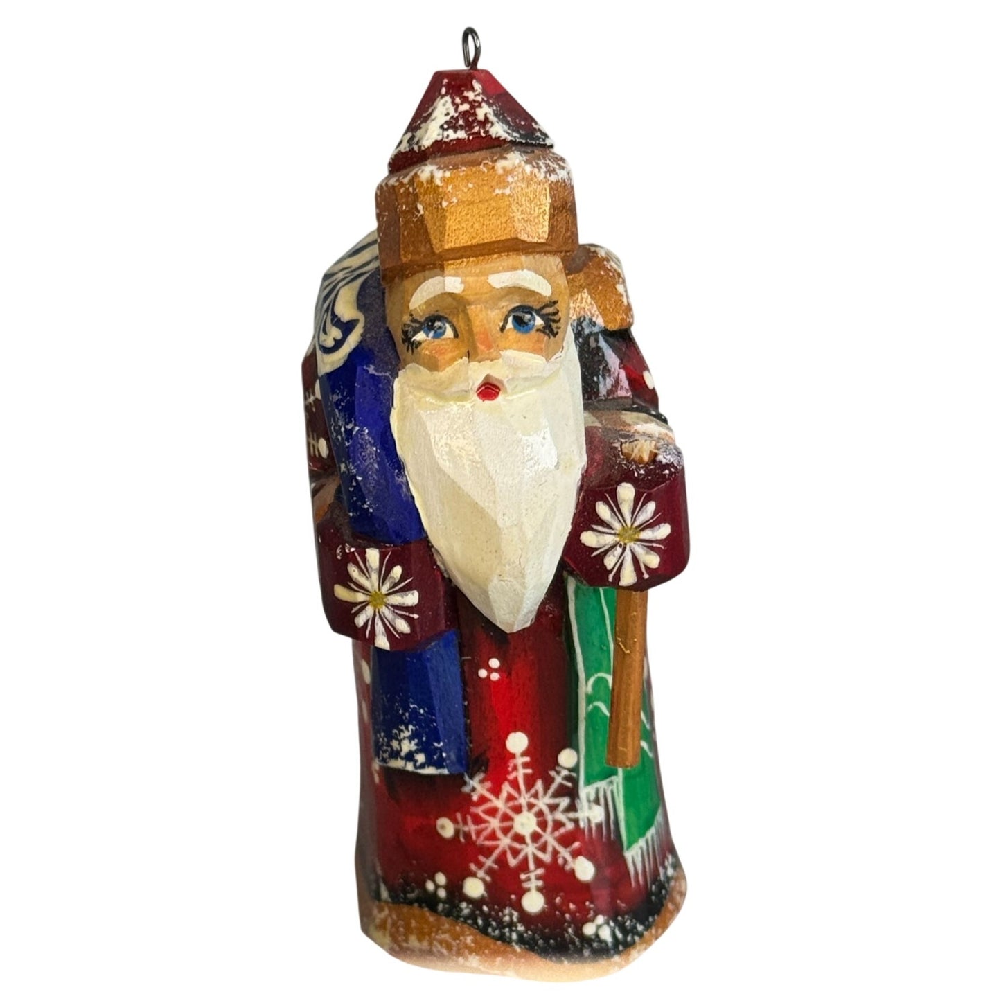 Mini Russian Ded Moroz Santa Ornament Hand Painted Wood Signed 3"