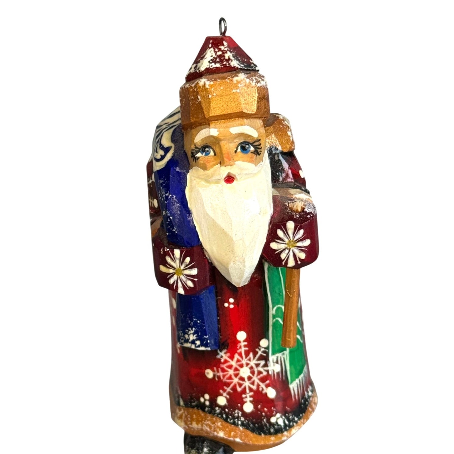 Mini Russian Ded Moroz Santa Ornament Hand Painted Wood Signed 3"