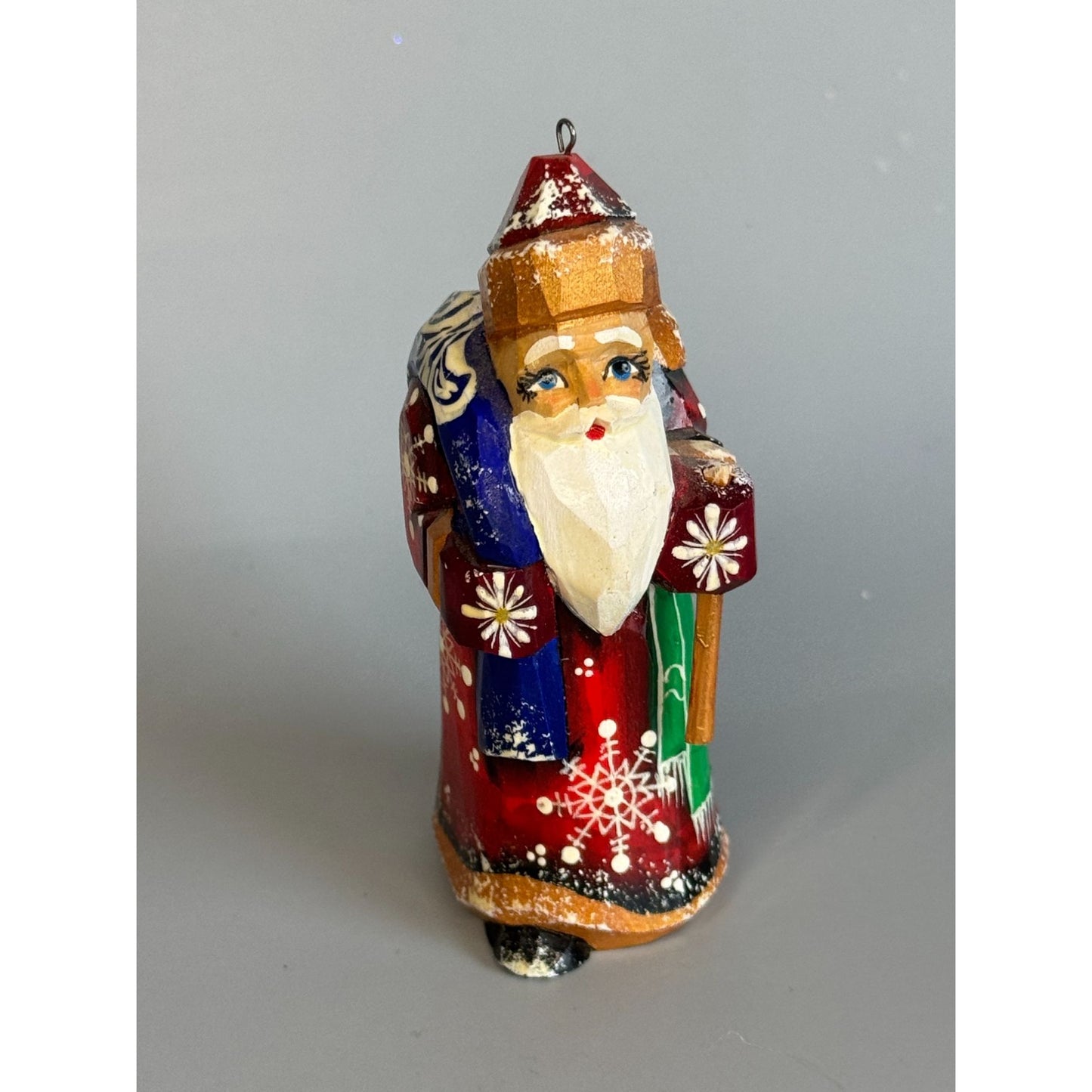 Mini Russian Ded Moroz Santa Ornament Hand Painted Wood Signed 3"