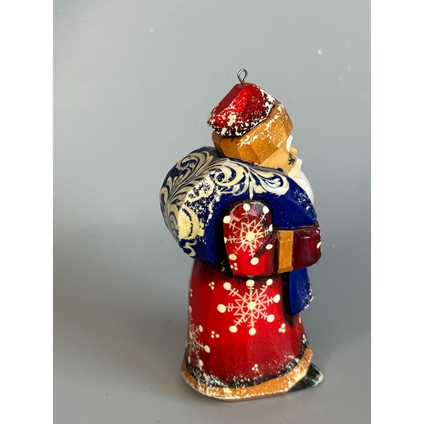 Mini Russian Ded Moroz Santa Ornament Hand Painted Wood Signed 3"