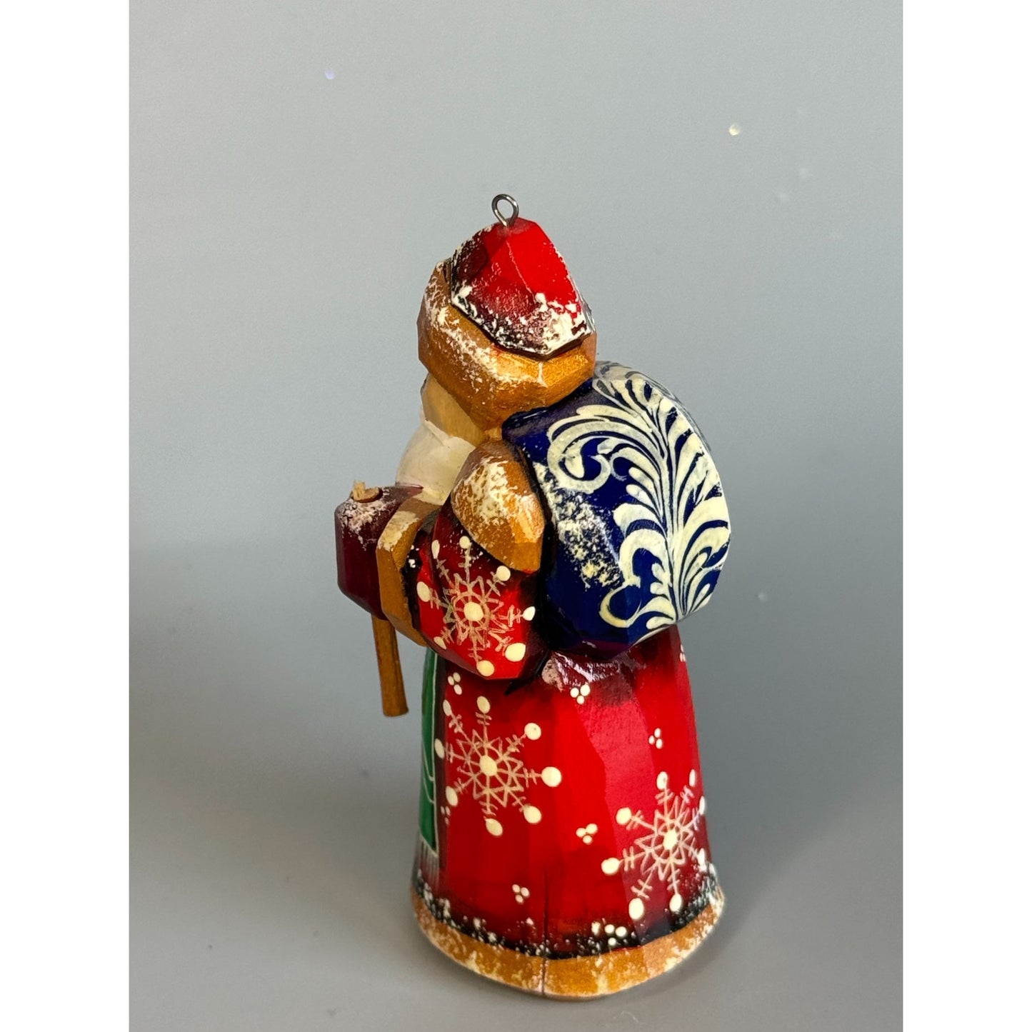 Mini Russian Ded Moroz Santa Ornament Hand Painted Wood Signed 3"