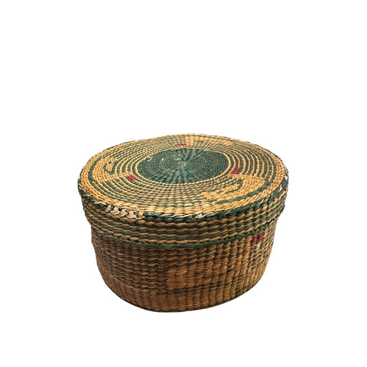 Vintage Native American Sweetgrass Woven Basket With Lid 6.5" Diameter 3.25" Height Natural & Green Tones
