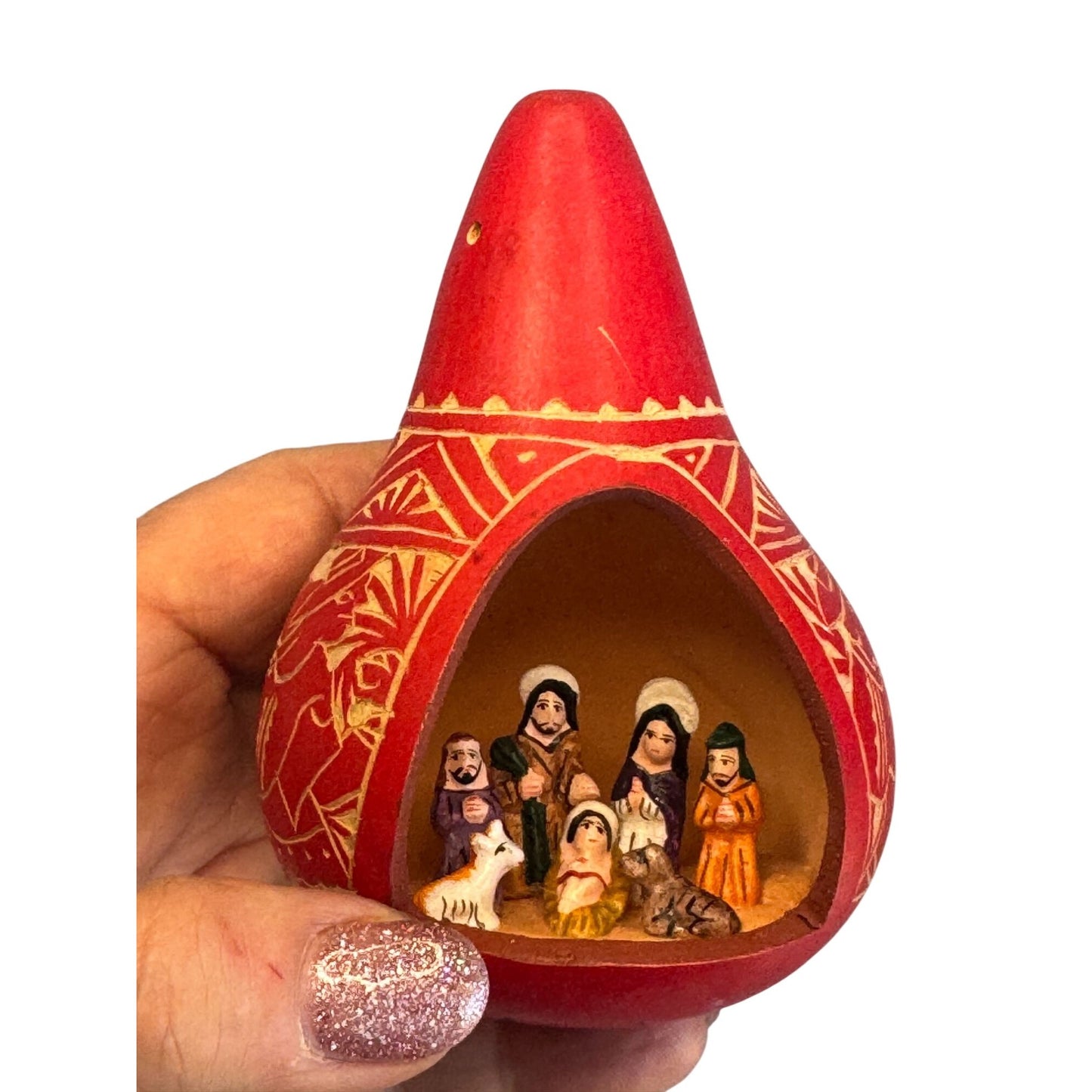 Mexican Folk Art Nativity Gourd Ornament Handcrafted Ornament Signed 2008 4 1/4"