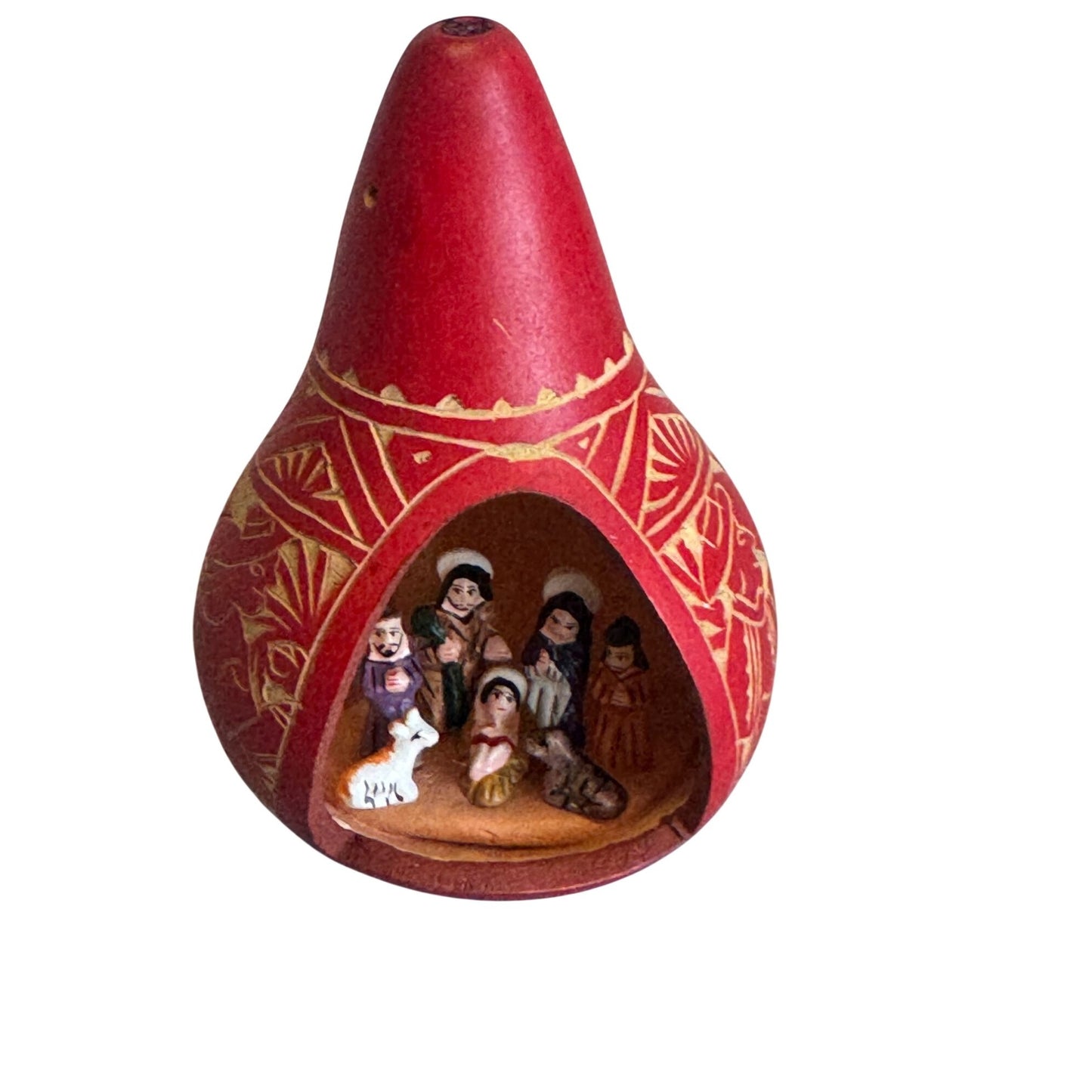 Mexican Folk Art Nativity Gourd Ornament Handcrafted Ornament Signed 2008 4 1/4"