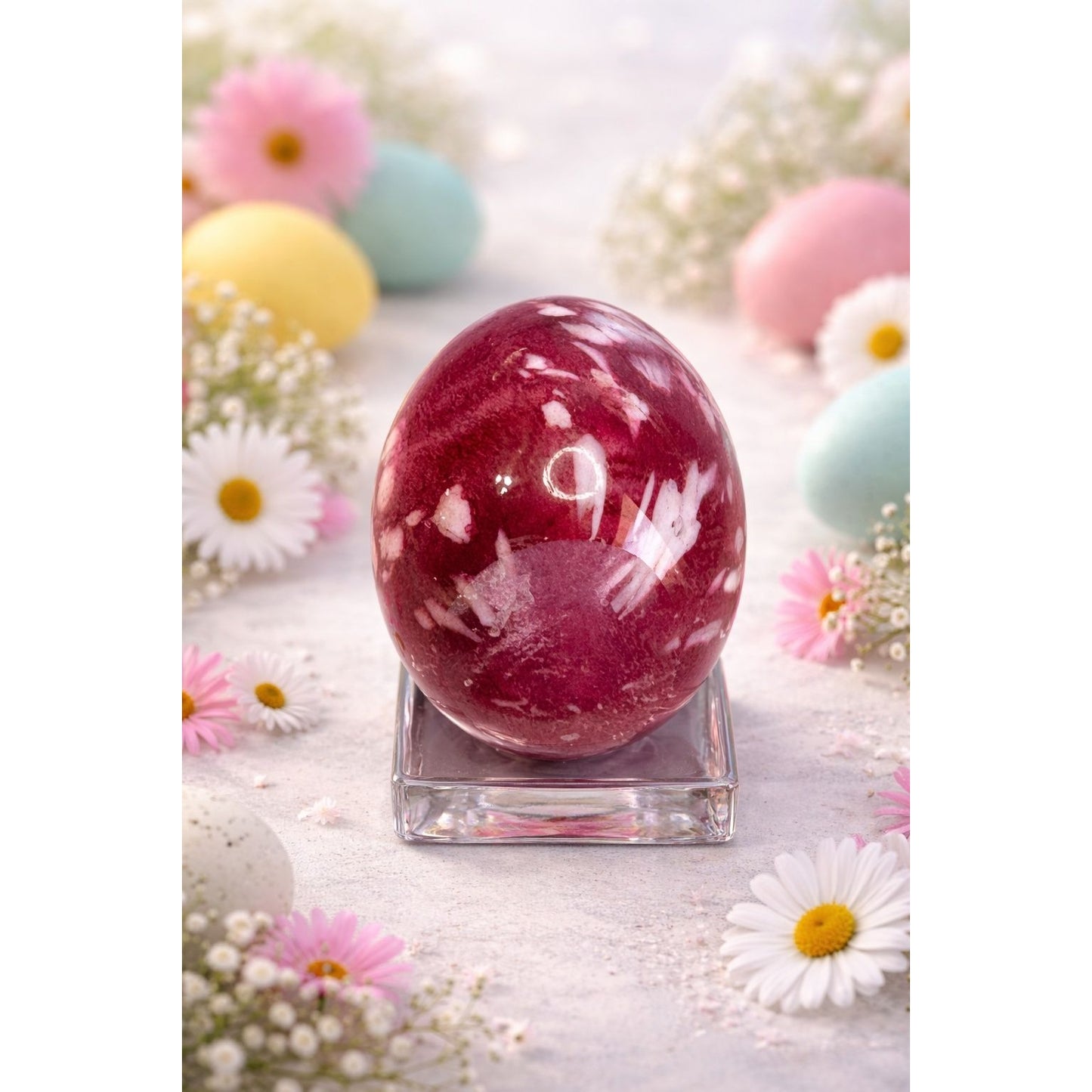 Art Glass Egg Cranberry White Mottled Swirl Decorative 3"