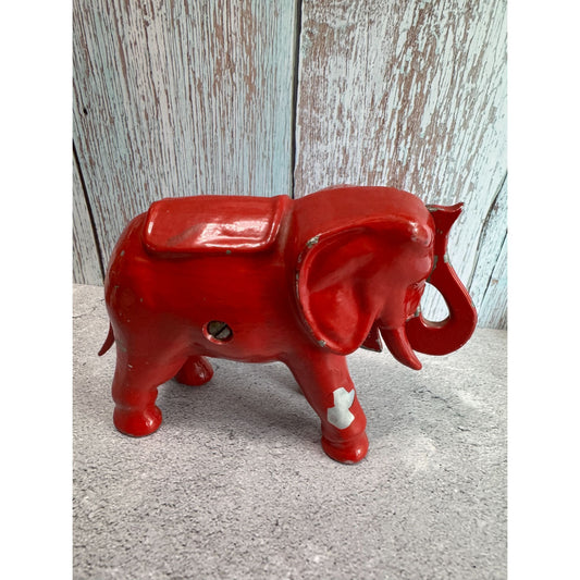 Antique Red Elephant Aluminum Push Tail Bank 7" X 5" Decorative Collectible