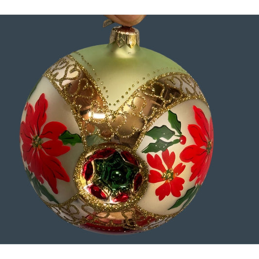 Crown Reflections Red Poinsettia Indented Blown Glass Ornament 4 1/2" Poland