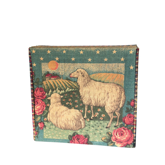 Vintage Fabric-Covered Trinket Box With Sheep Horse Farm Design 7" x 7" x 2.25"