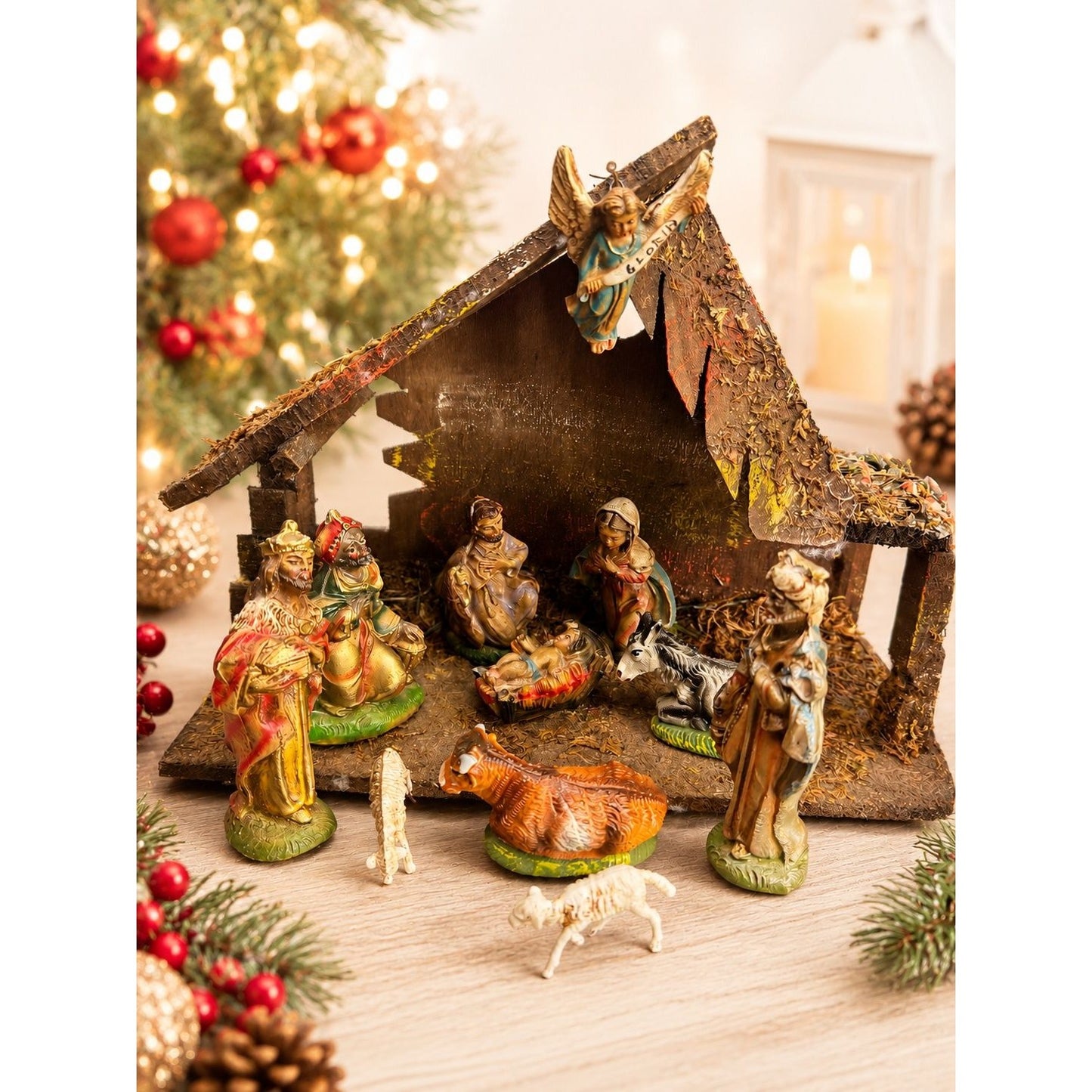 Vintage Italian Nativity Set 12 Pieces Including Creche 4" Scale Italy