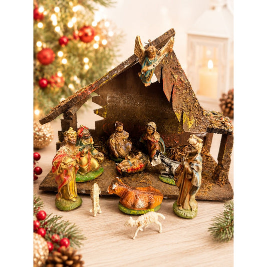 Vintage Italian Nativity Set 12 Pieces Including Creche 4" Scale Italy