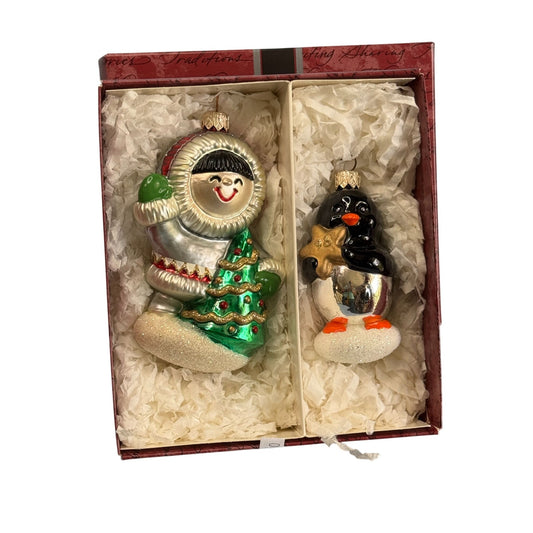 Crown Reflections Blown Glass Frosty Friends Eskimo & Penguin Christmas Ornaments In Keepsake Box