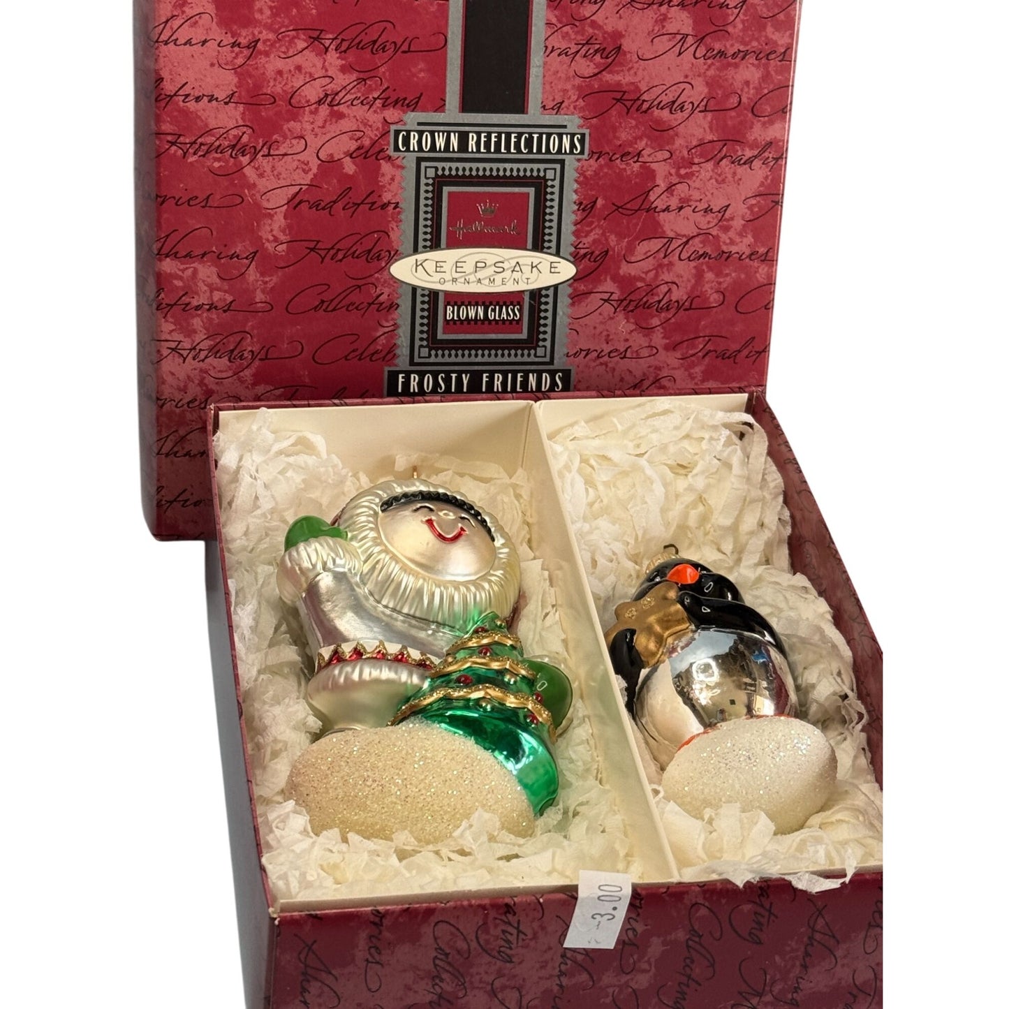 Crown Reflections Blown Glass Frosty Friends Eskimo & Penguin Christmas Ornaments In Keepsake Box