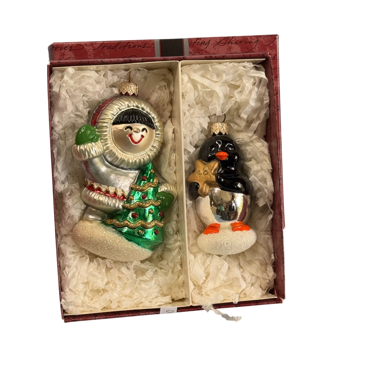 Crown Reflections Blown Glass Frosty Friends Eskimo & Penguin Christmas Ornaments In Keepsake Box