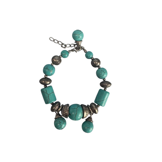Faux Turquoise & Antique Silver Charm Beaded Bracelet W/Adjustable Chain Clasp