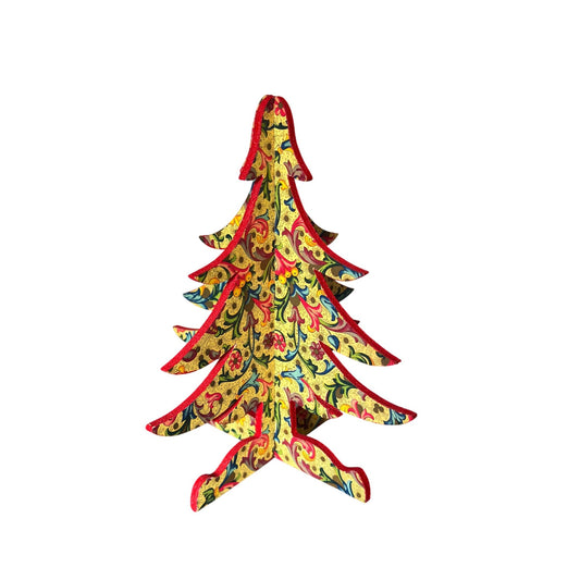 Handcrafted Wooden Christmas Tree Vibrant Red & Gold Baroque Design 7"  2pc