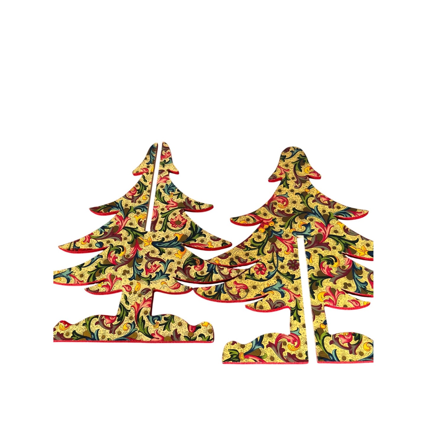 Handcrafted Wooden Christmas Tree Vibrant Red & Gold Baroque Design 7"  2pc