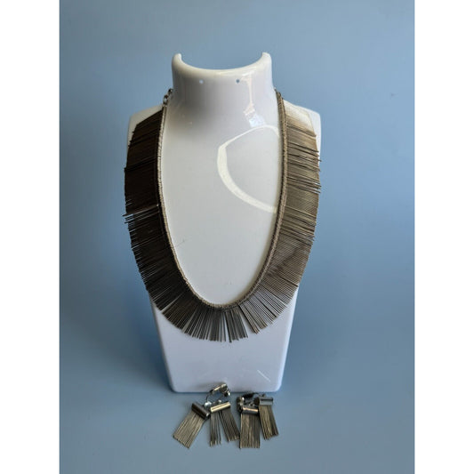 Vintage Silverplate Modernistic Fringe Necklace and Matching Clip Earrings C1970