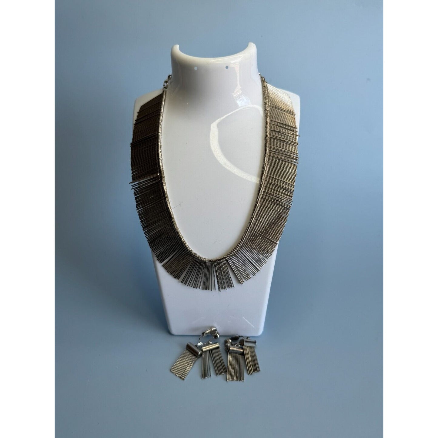 Vintage Silverplate Modernistic Fringe Necklace and Matching Clip Earrings C1970