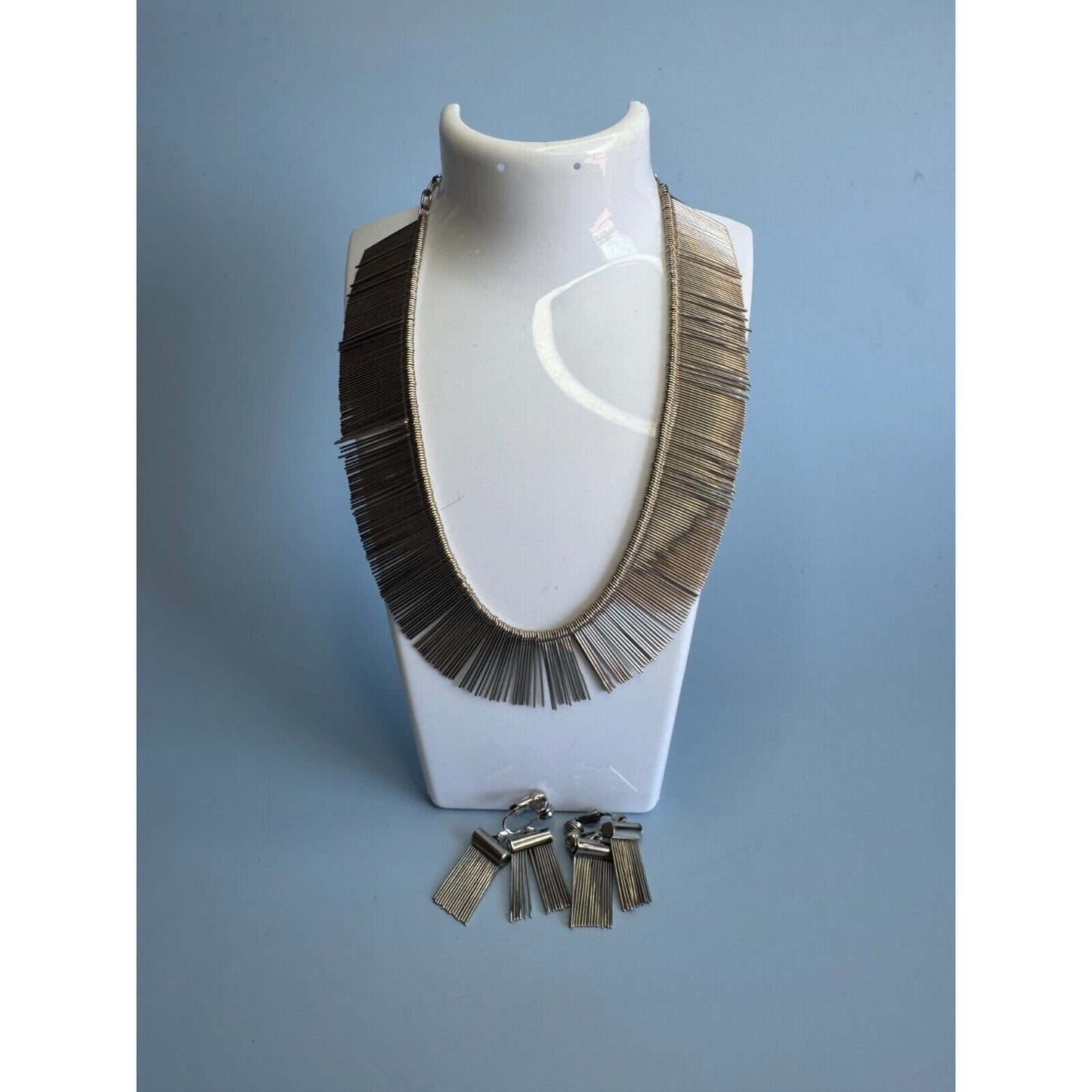 Vintage Silverplate Modernistic Fringe Necklace and Matching Clip Earrings C1970