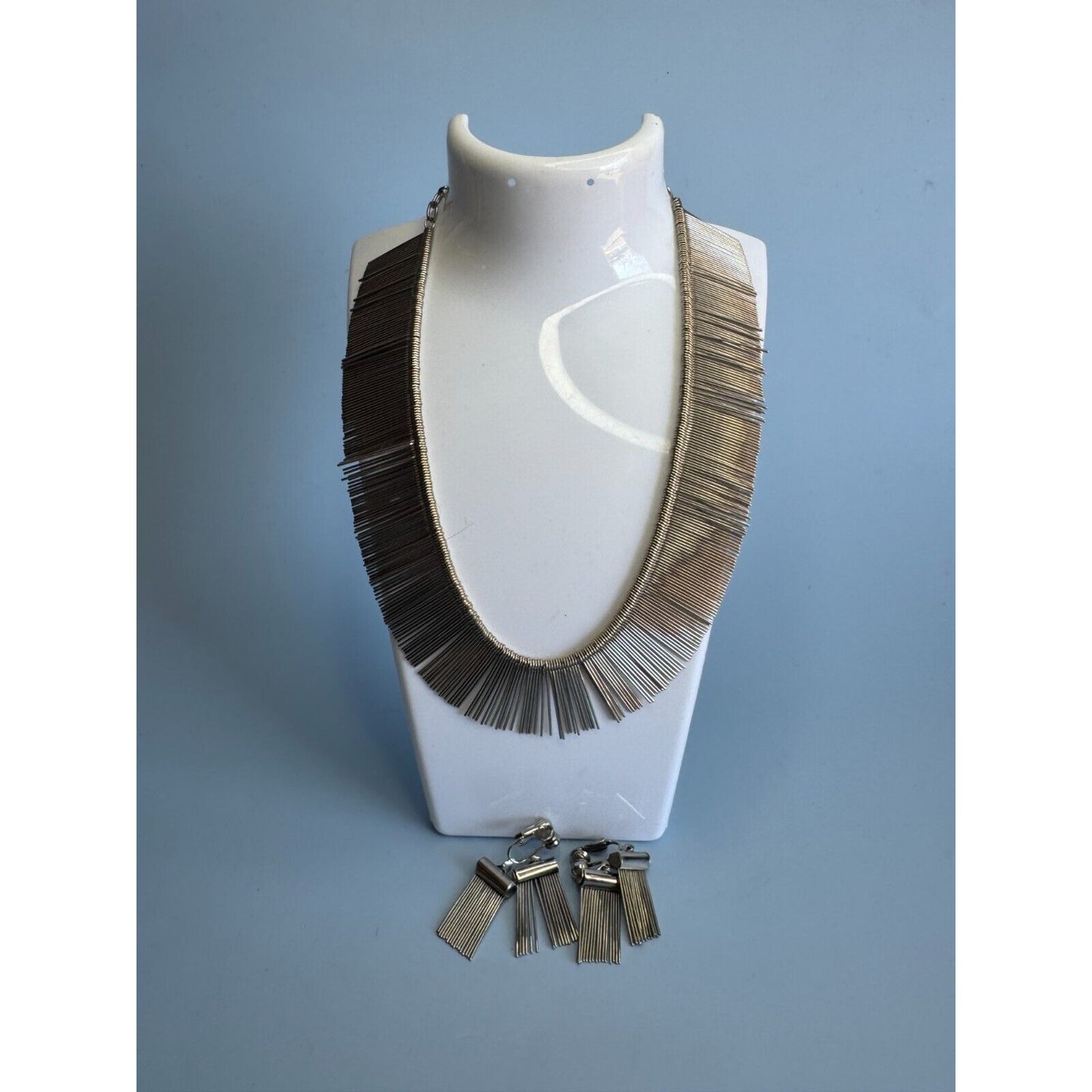 Vintage Silverplate Modernistic Fringe Necklace and Matching Clip Earrings C1970