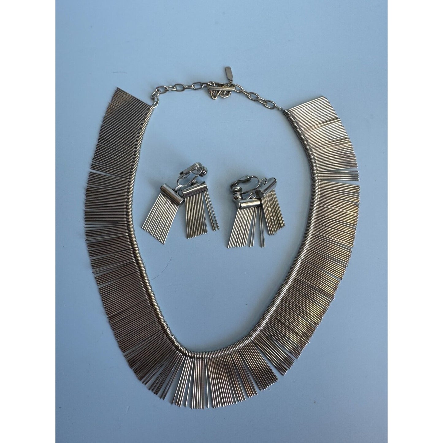 Vintage Silverplate Modernistic Fringe Necklace and Matching Clip Earrings C1970