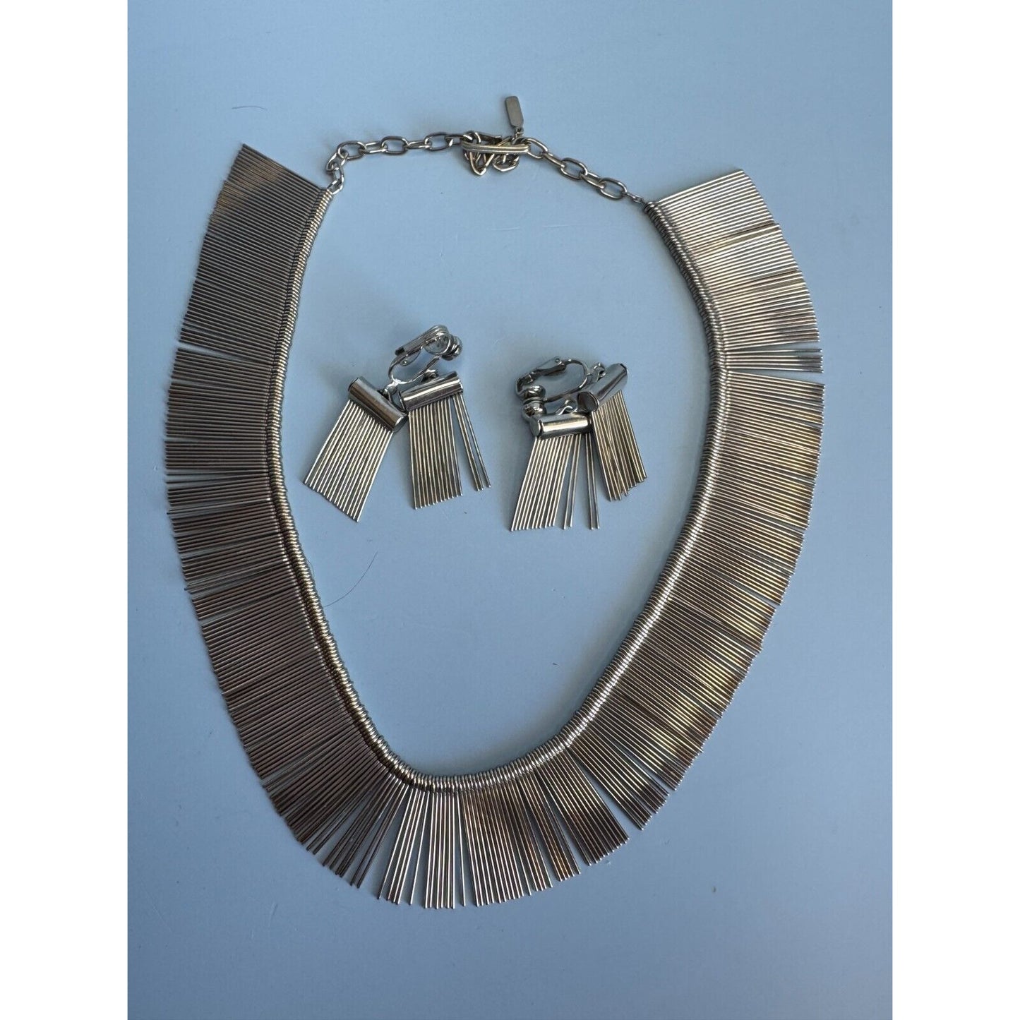 Vintage Silverplate Modernistic Fringe Necklace and Matching Clip Earrings C1970