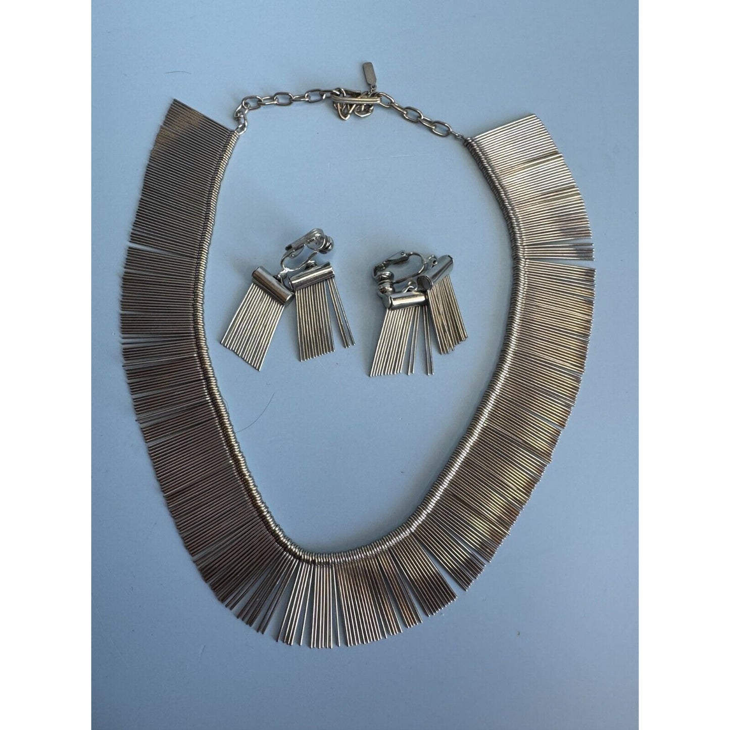 Vintage Silverplate Modernistic Fringe Necklace and Matching Clip Earrings C1970